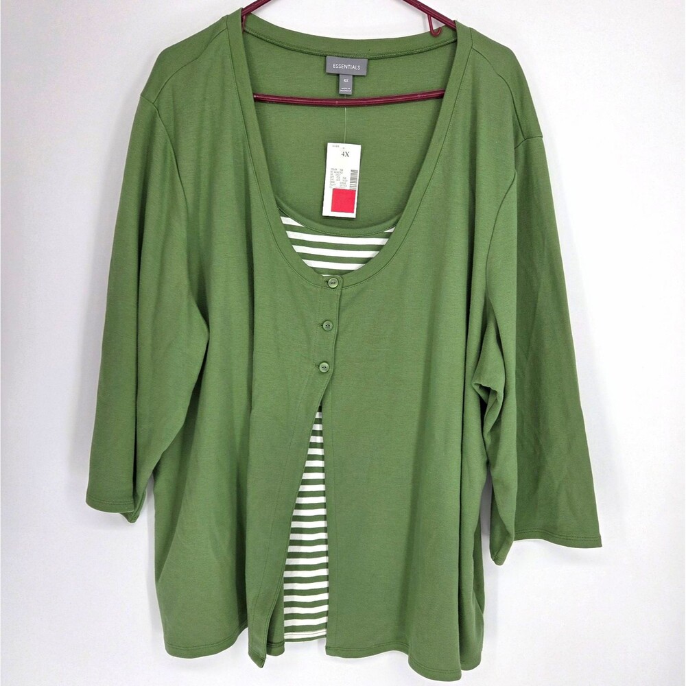 NWT Essentials Womens Plus 4X Mock Cardigan Striped Green White 3/4 Sleeve